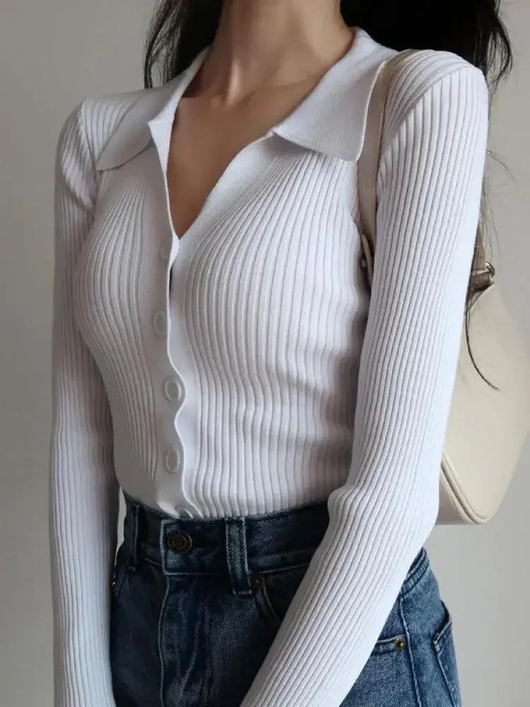 2024 Sexy V-neck Knit Cardigan Sweater Women's Long-sleeved Button-down Lapel Slim Top