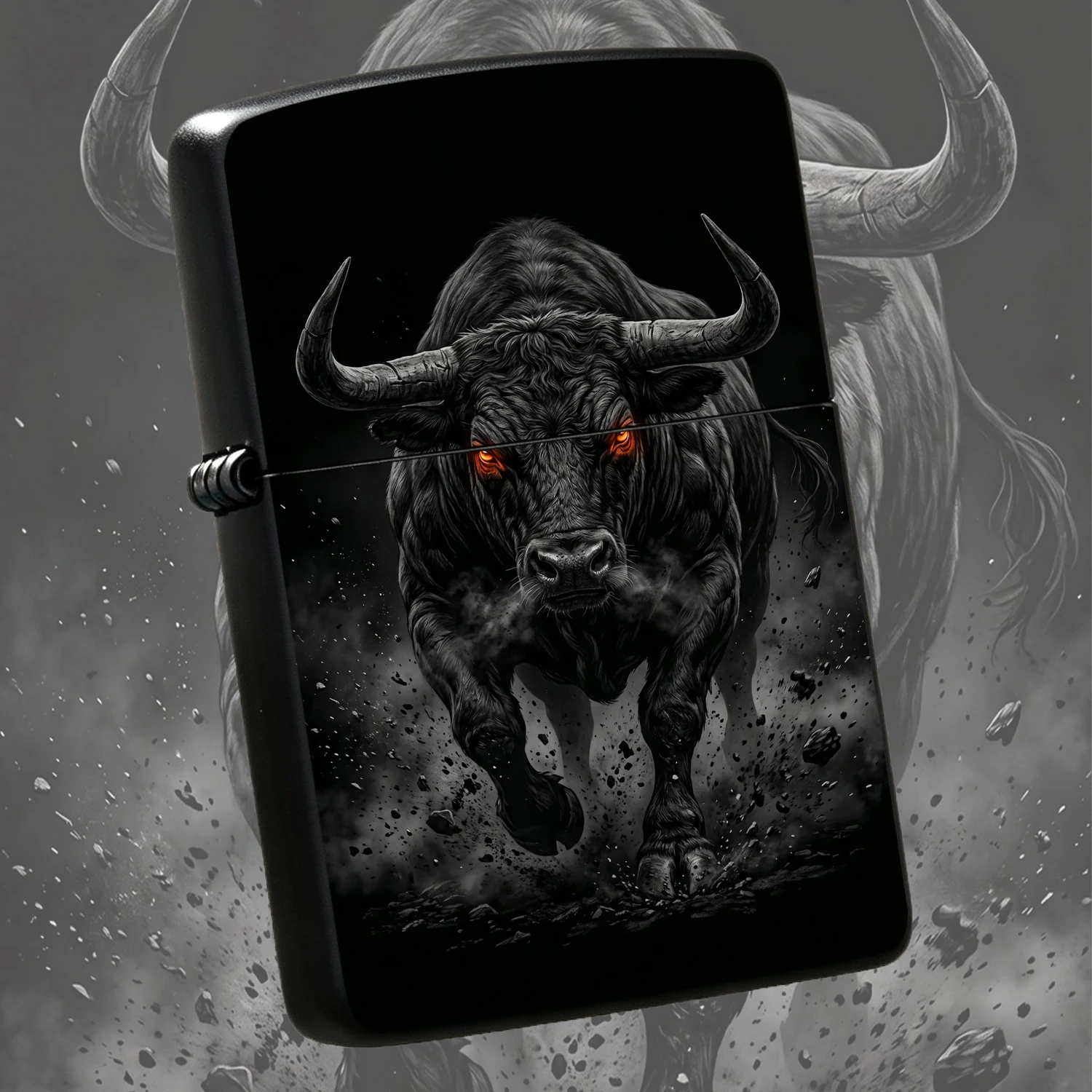 Dark Bull Themed Windproof Lighter, Fierce Charging Bull Art Print, Cool Stylish Portable Accessory, Full Scenario Adapt For Daily Use Outdoor Gathering Desktop Display, Trendy Premium Practical Gift, Unique Exquisite Creative Collectible O
