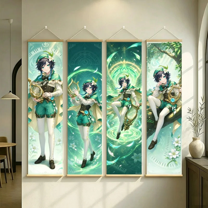 Hanging Scroll Wall Art of Genshin Impact Venti with Green Wind Motifs on Silver Shimmer Canvas for an Anime Bedroom