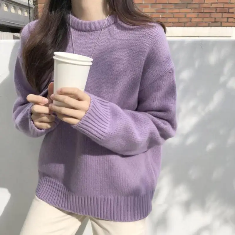 Women's Korean Edition Solid Round Neck Sweater Autumn/Winter New Loose Lazy Style Knitted Shirt Thickened Top Outward Wear