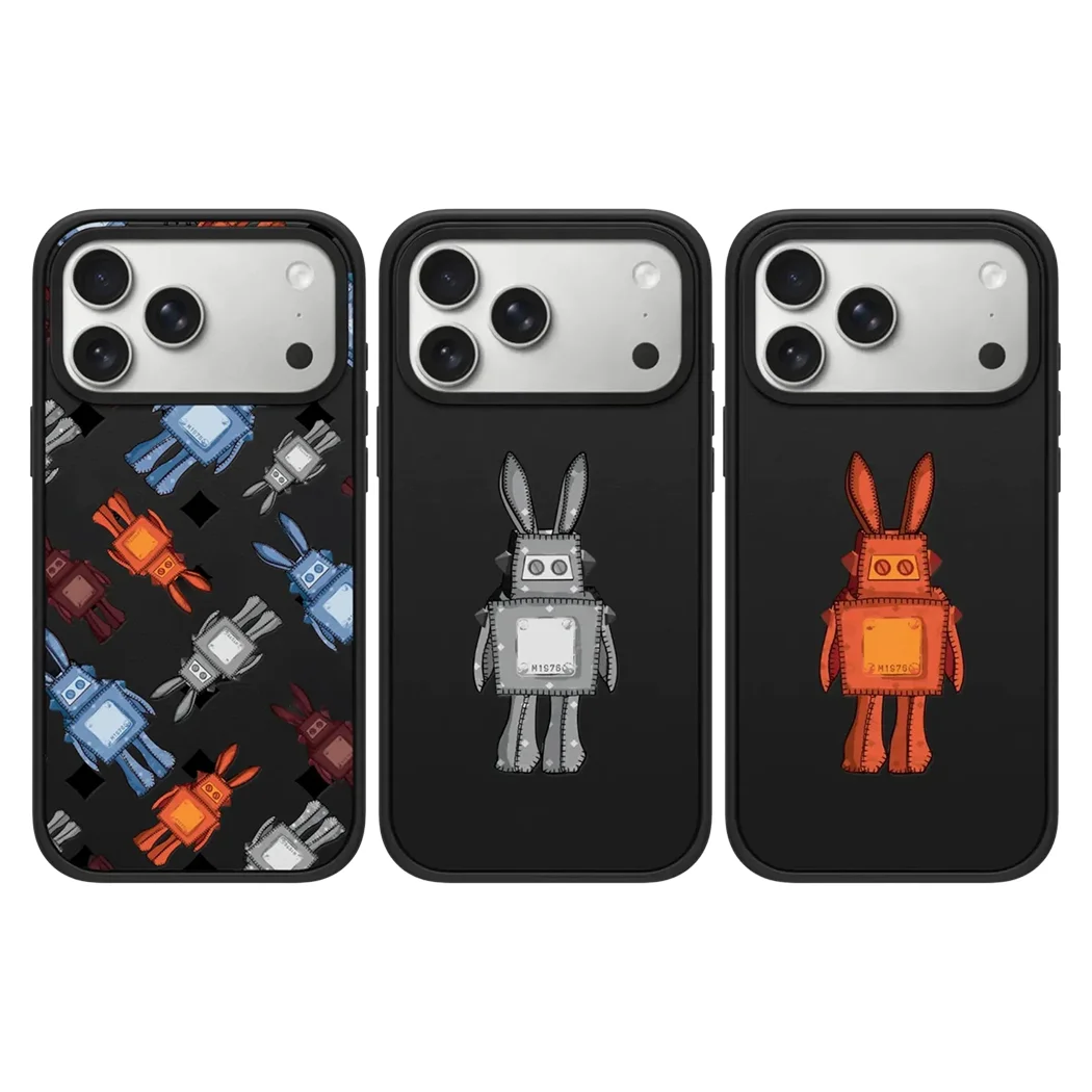 

Orange Grey Robot Pattern Black Acrylic Border Phone Cover for IPhone 12 13 14 15 16 17 Pro Max Case for IPhone 17Air