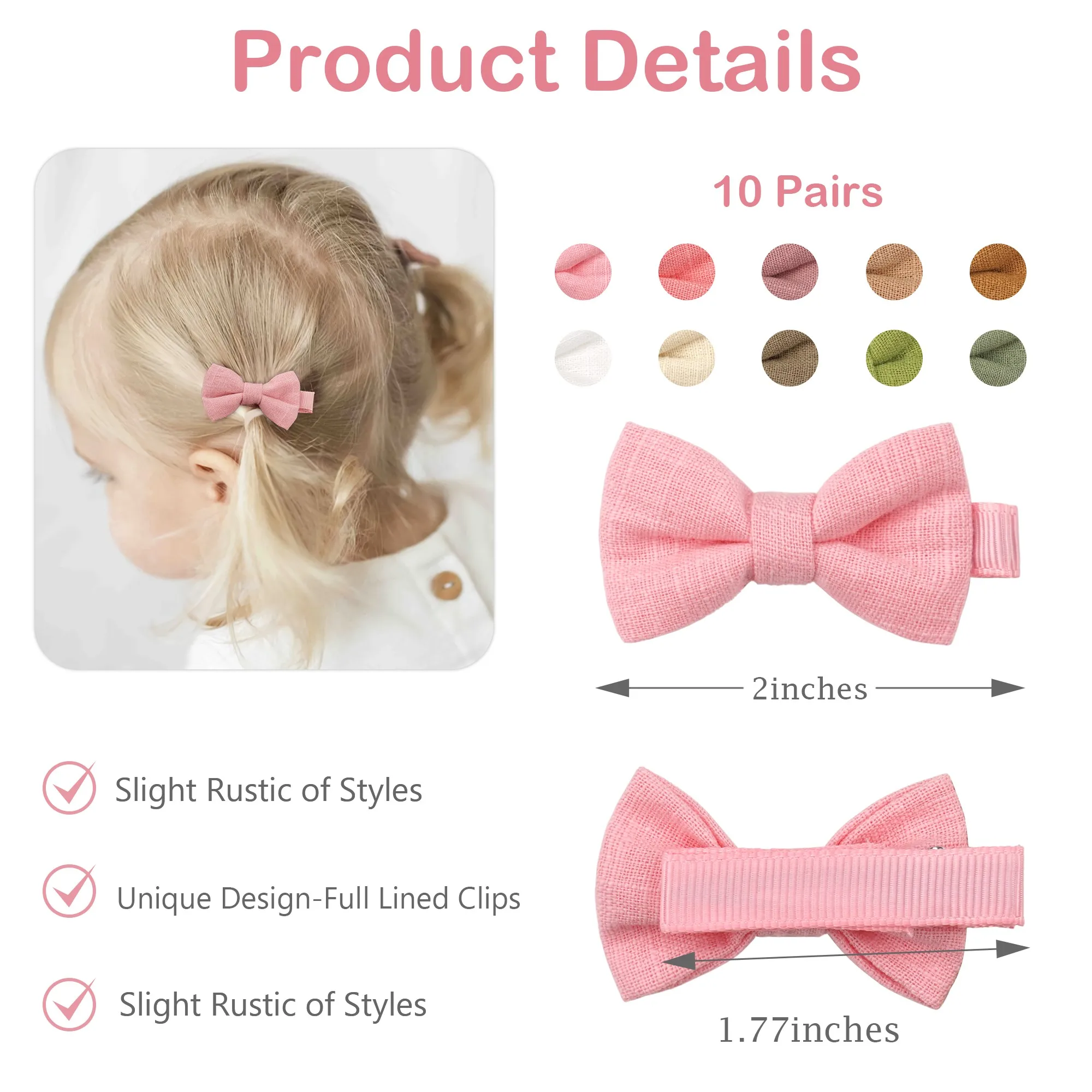 10/20 Pcs Boutique Tiny Baby Bows Cotton 2" Hair Bows Non-Slip Full Lined Alligator Clips for Baby Girls Toddlers view 4
