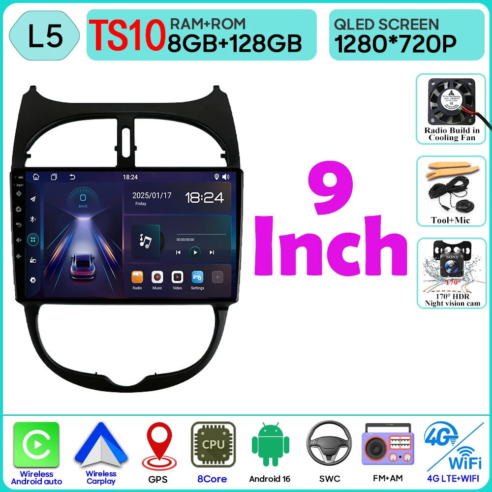 Android 16 autoradio voor Peugeot 206 206CC 1998-2012 autoradio Bluetooth 4G Wifi GPS navigatiescherm draadloze Carplay monitor