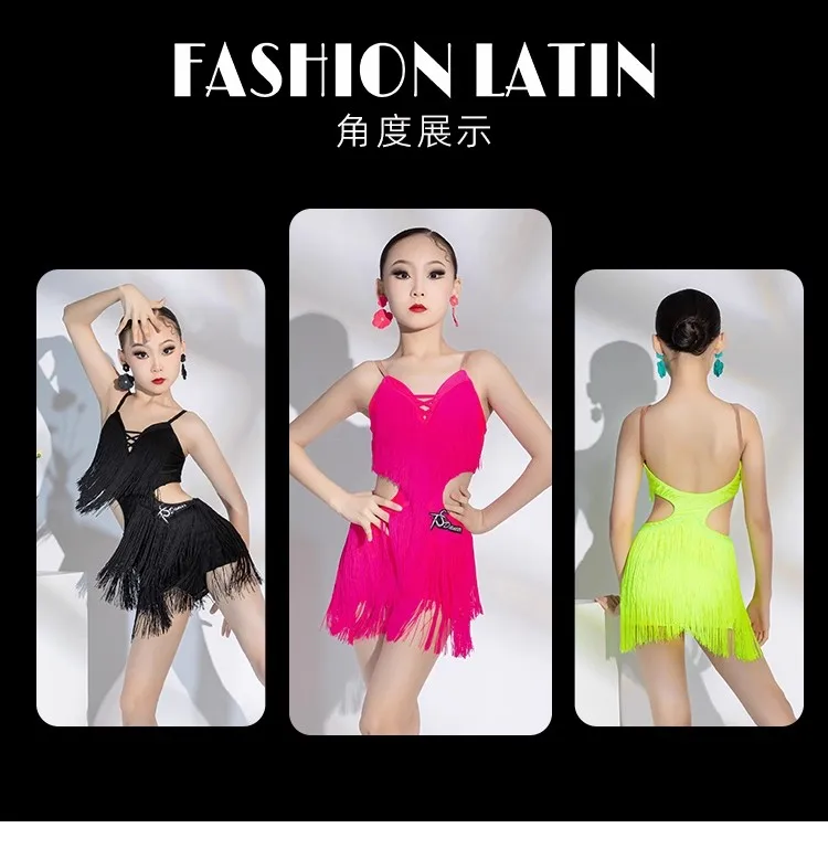 

Kids Grils ballroom latin american Line dance clothing fringed tassels dress cha cha samba competition dancewear practice wear