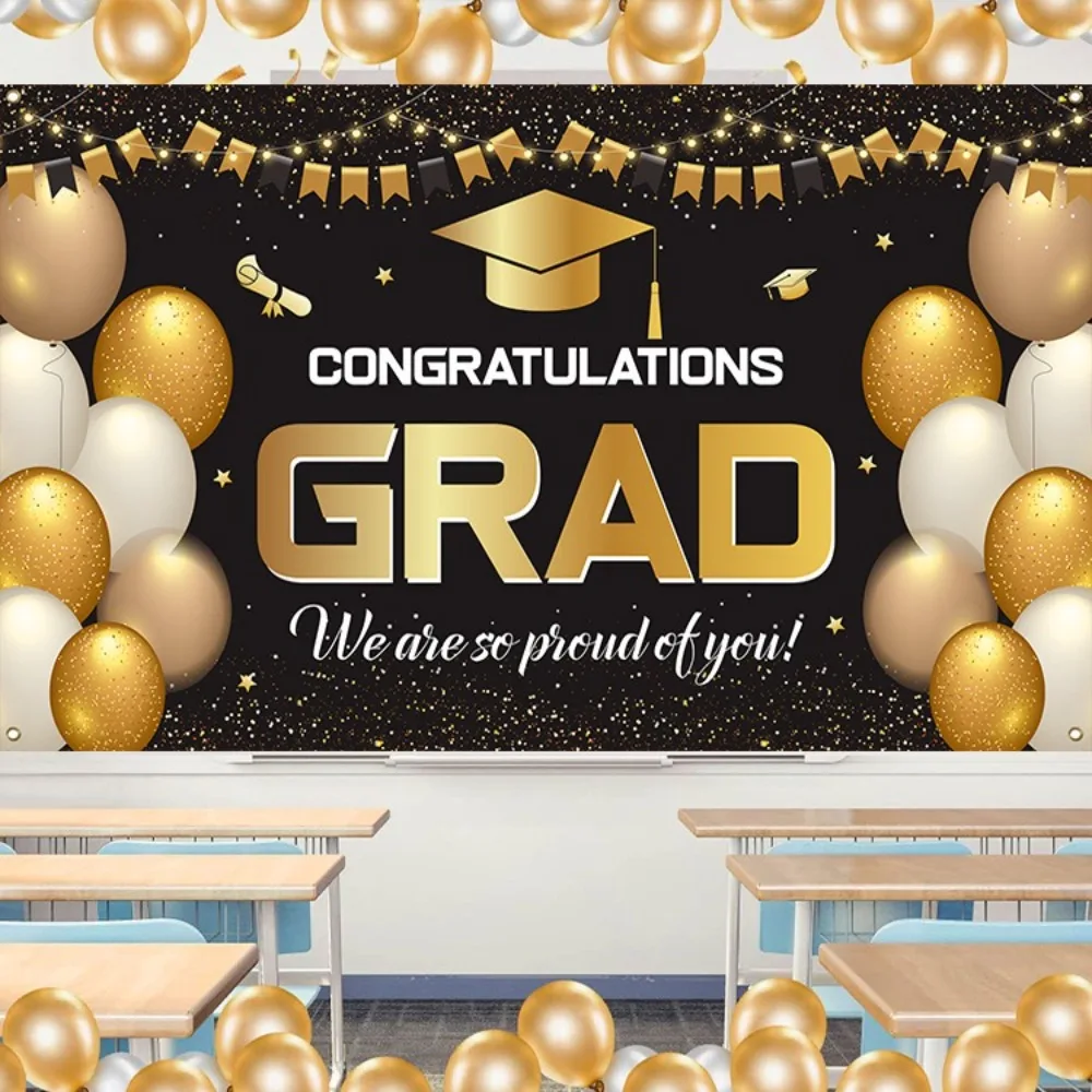 180x115cm Graduation Photography Backdrop Congratulations Celebrate Graduates Background Black Gold Polyester