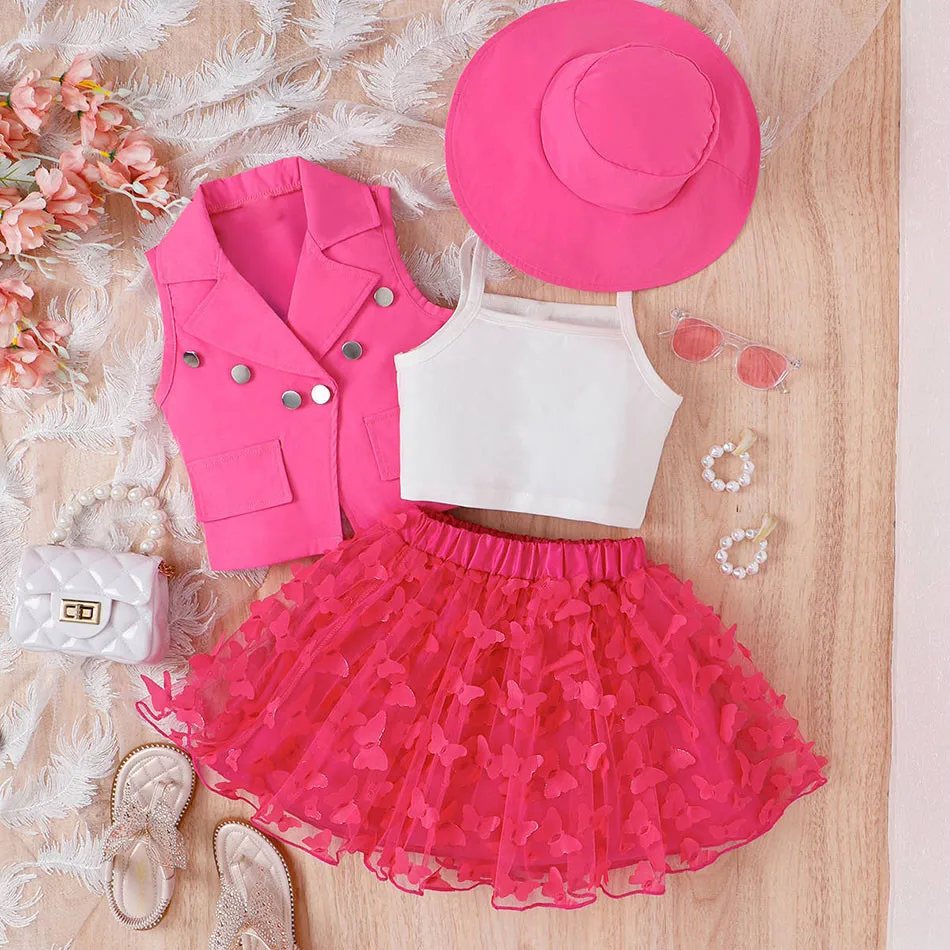 Adorable Summer Outfit for Girls Sleeveless Blazer Set Tank Top and Butterfly Tulle Skirt 3-Piece Ensemble Fashion Children Set