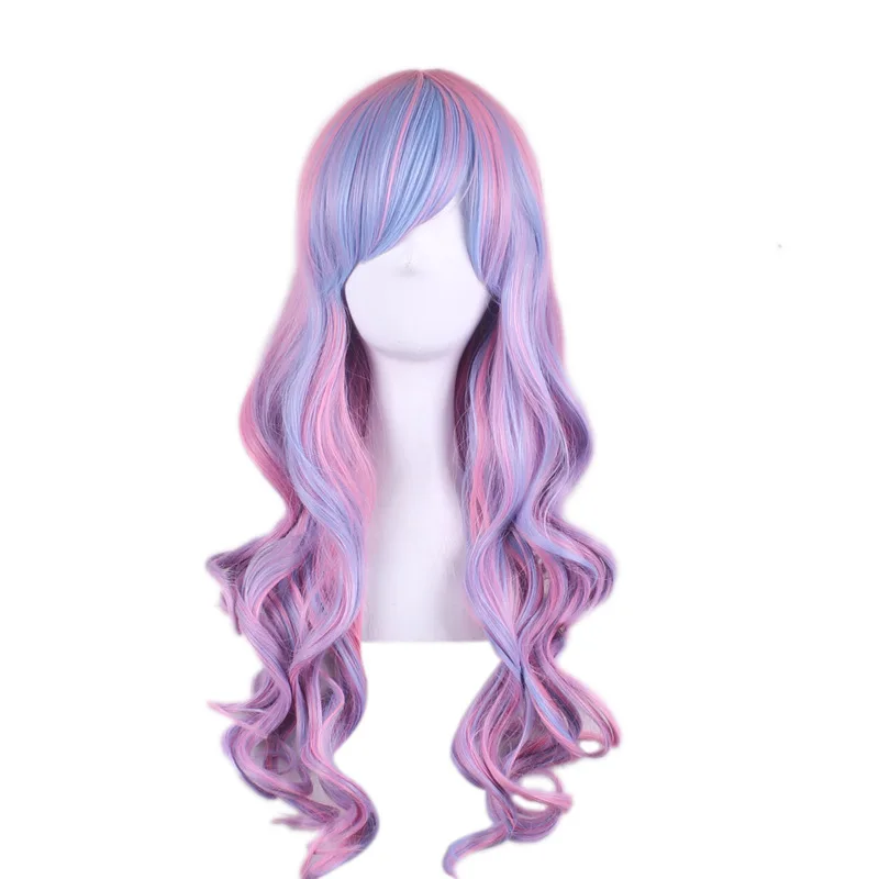 

Colored long curly hair synthetic fiber slanted bangs women's full head set large wave wigs rose mesh