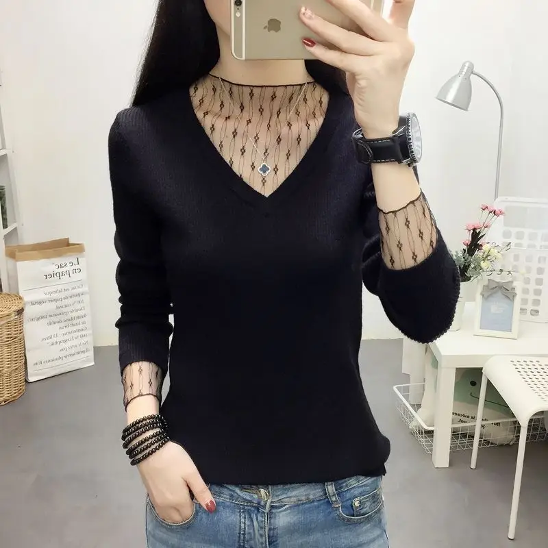 Women\'s Clothing V-neck Lace Mesh Gauze Sweaters Autumn Fashion Loose Long Sleeve Knit Pullovers Lady Elegant Chic Tops 40-80Kg