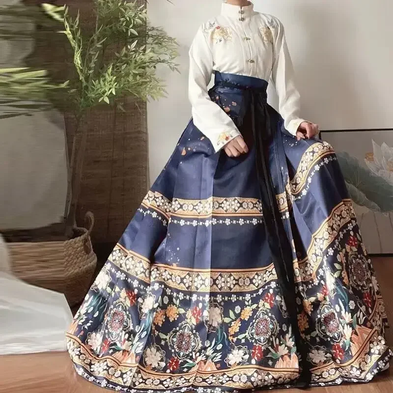 Falda plisada de cara de caballo Hanfu de la dinastía Ming para mujer, conjunto de camisa y falda negra, azul y roja, falda Hanfu tradicional china de talla grande