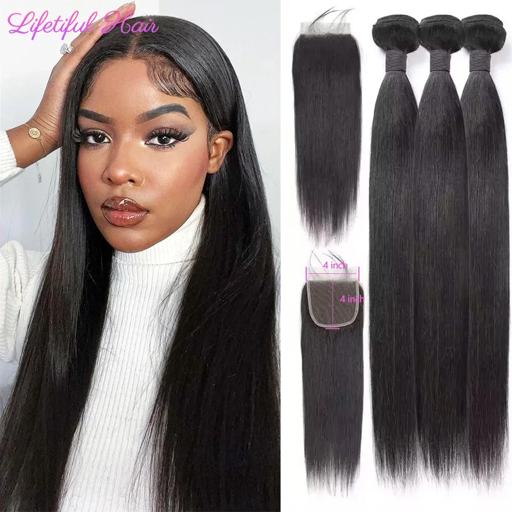 30 32inch Human Hair Bundles With Closure Brazilian Bundles On Sale 4x4 Transparent Lace Closure And Straight Human Hair Bundles