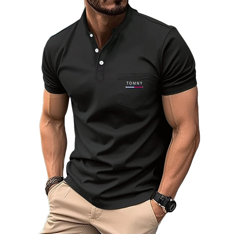 Simple Men's Solid Color Stand Up Collar Button Pocket Short Sleeved POIO Shirt Casual Top Loose and Breathable T-shirt