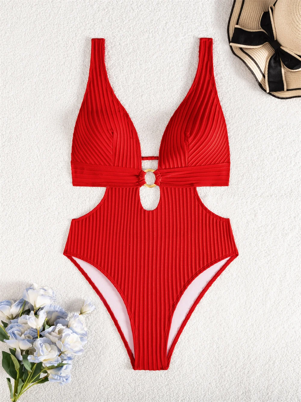 

Sexy Hollow Out Bikini Ribbing Swimming Suit Women Swimsuit Backless Lace Up Swimwears Rings Beach Outfit One Pieces Bikinis Set
