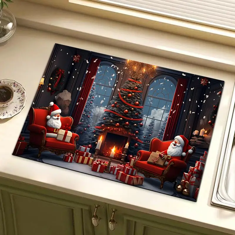 VIKAMA Santa Claus Fireplace Christmas Tableware Draining Mat, Absorbent and Quick-Drying Sink and Countertop Mat, Home Decor