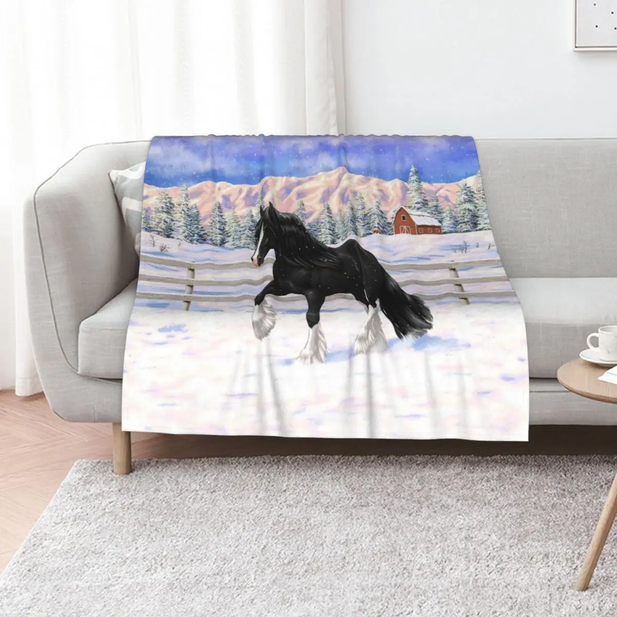 

Black & White Gypsy Vanner Draft Horse In Snow Throw Blanket Blankets For Baby halloween Flannel Fabric Nap Blankets