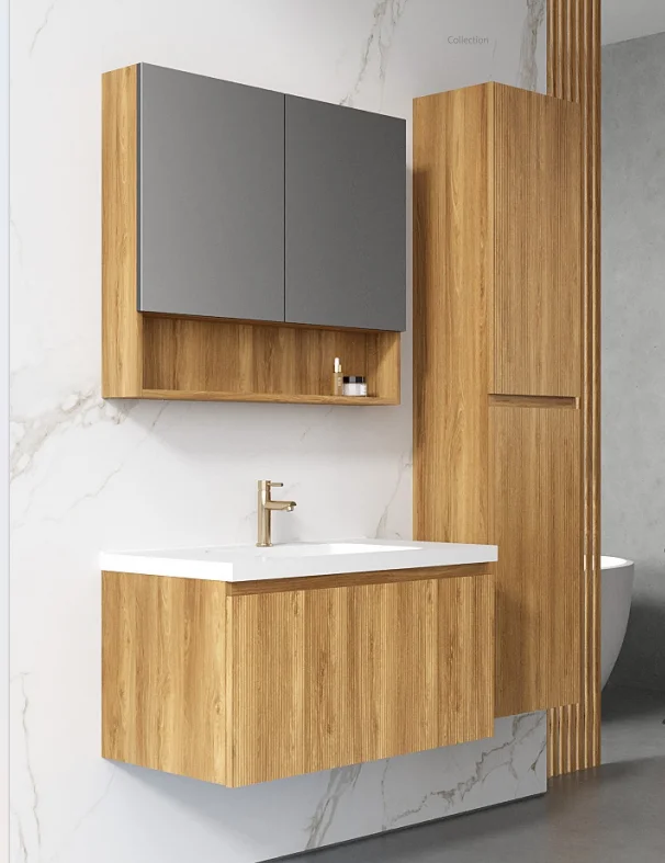 مجموعة خزانة حمام خشبية صلبة عائلية حديثة مثبتة على الحائط تبيع فاخرة لتخزين الحوض المزدوج مع مرآة ذكية #4