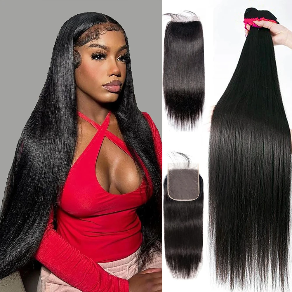 

Straight Human Hair Bundles with Closure Brazilian Virgin Human Hair Weave 3 Bundles with 4x4 Lace Closure Natural Black Color