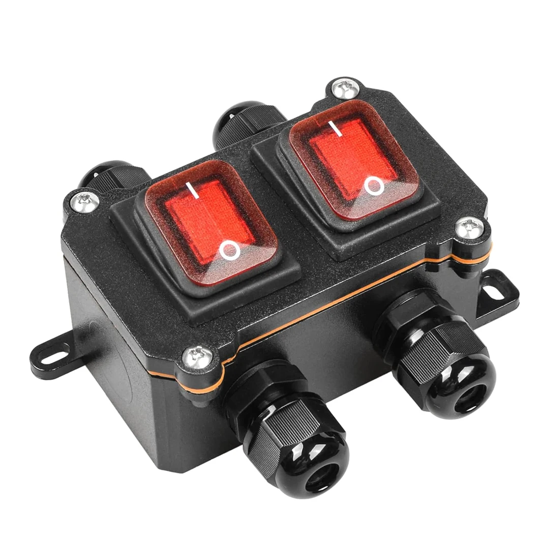 

ABILKEEN AC220V 15A/30A Double Side Double Hole Rocker Switch Box IP66 Waterproof ON-OFF DPST Rocker Toggle Switch Box Red Light