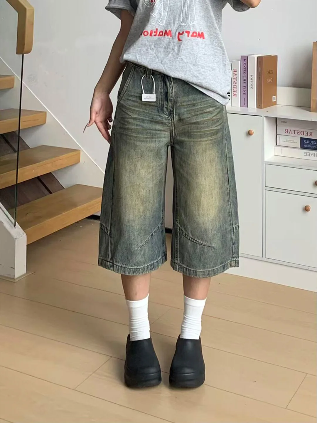 

High Waist American Retro Blue Jeans Shorts Women's Summer New Style Thin Wide Leg Jeans Pants Loose Fit No Stretch Pure Color