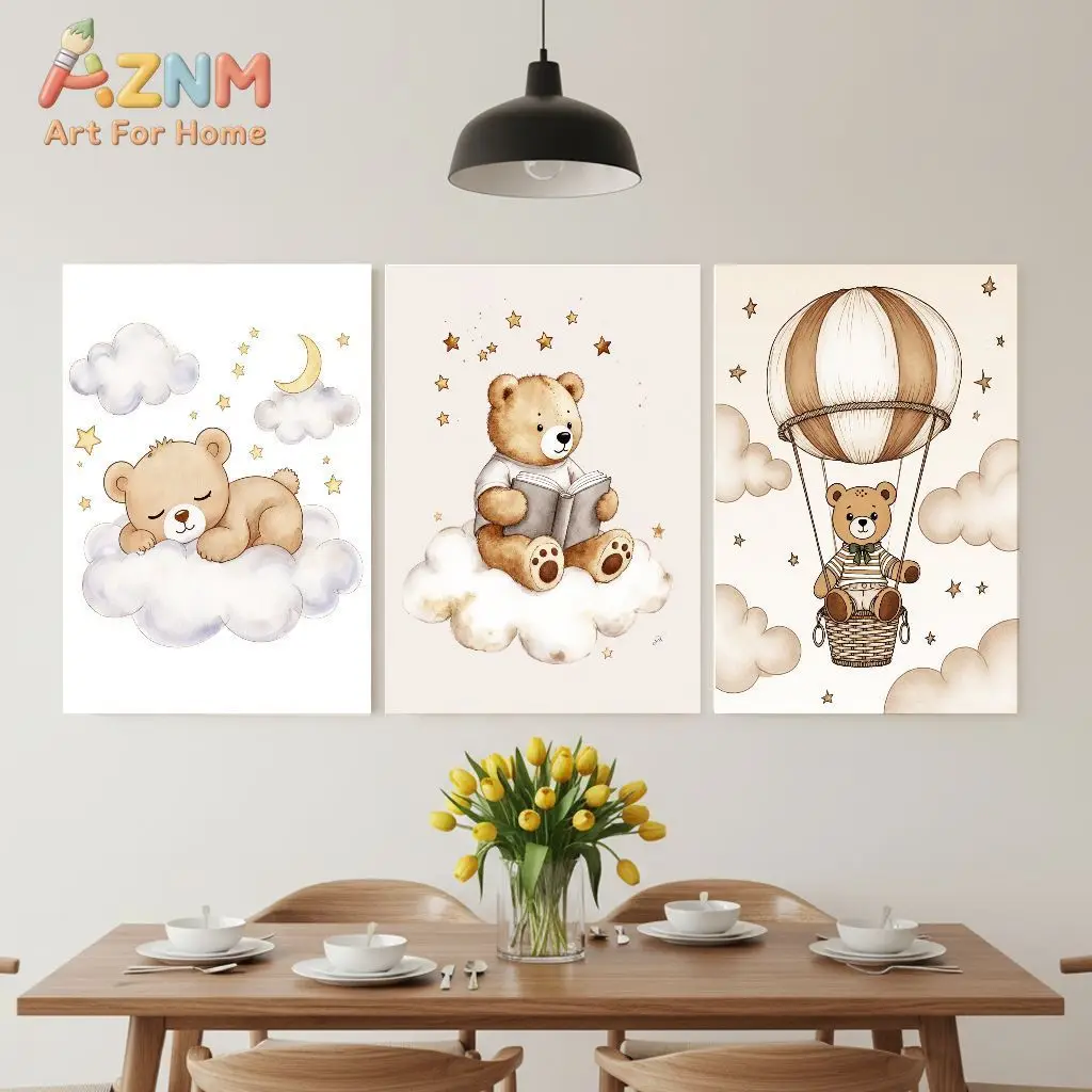AZNM Cute Bear Canvas Wall Art Cloud Moon Star Hot Air Balloon Frameless Canvas Painting Nursery Kids Room Home Decor Poster