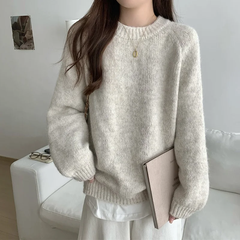 Korean Style Casual Pullover Round Neck High Quality Solid Color Sweater Autumn/winter New Fashion Loose Long Sleeved Lady's Top