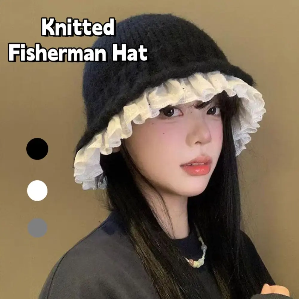 

Retro Lace Trim Knitted Fisherman Hat Yarn Korean Style Women Bucket Hat Large Head Circumference Solid Color Beanie Hat Girl