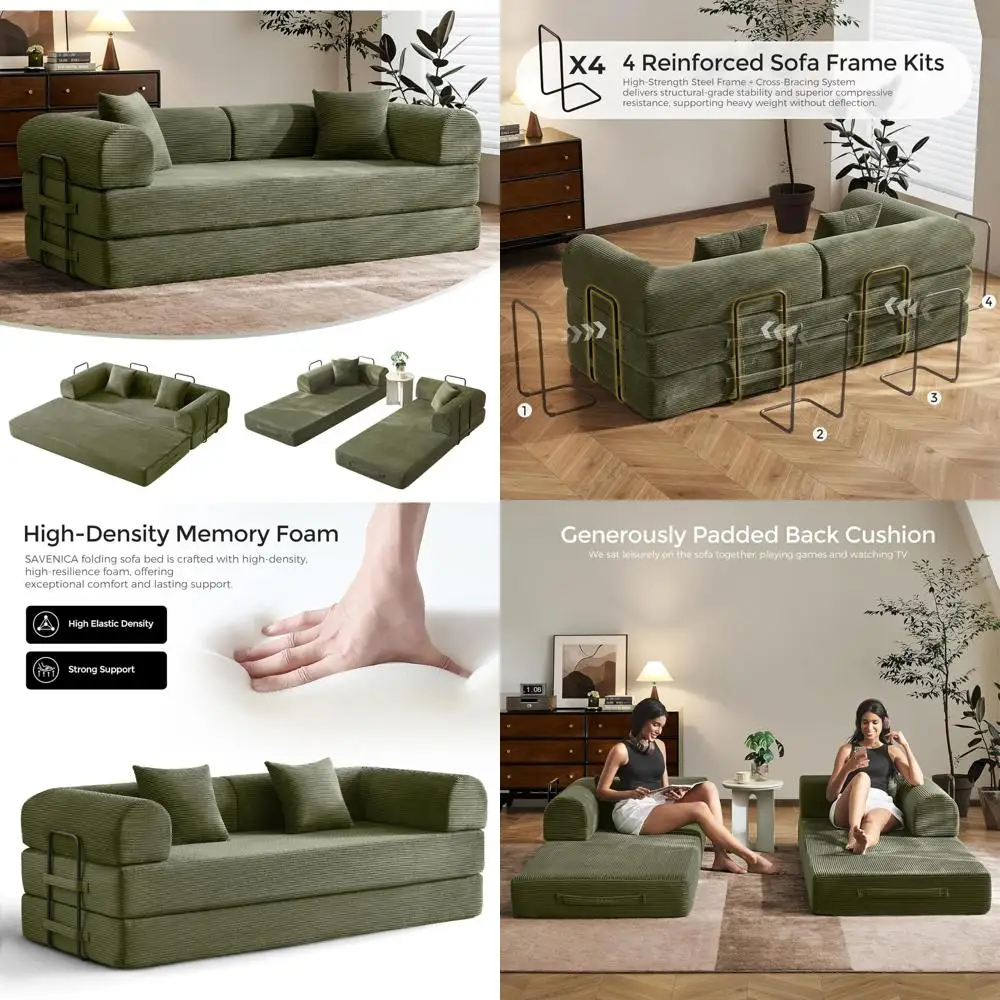 Convertible Sofa Bed with Fixed Frame and Removable Armrests, Corduroy Sleeper Couch, Folding Mattress for Small Spaces