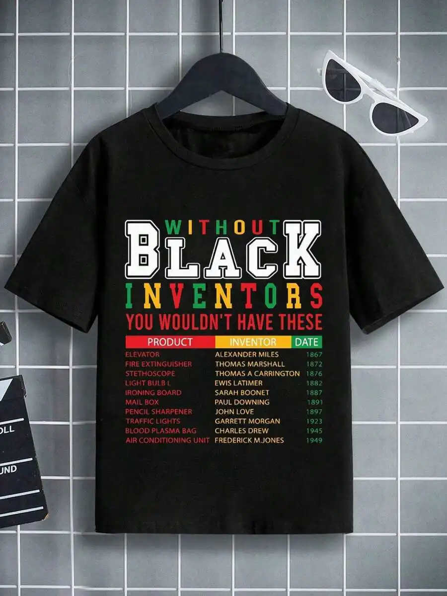 Without Black Inventors List Print Boys Cotton Short Sleeve T-Shirt Black History Month/Educational Themed