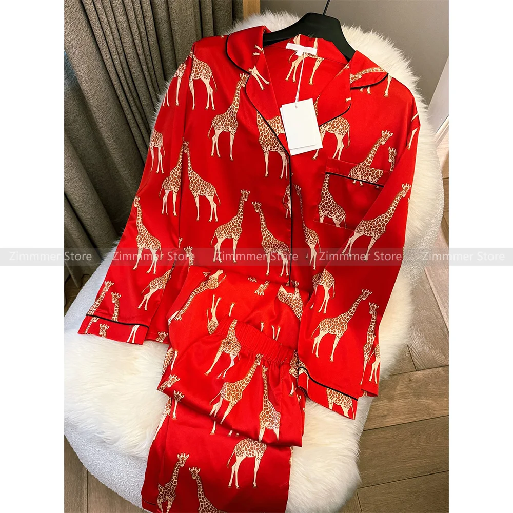 New Year\'s Lunar New Year Giraffe Printing Big Red Silk Satin Long Sleeve Long Pants Homewear Pajamas Women