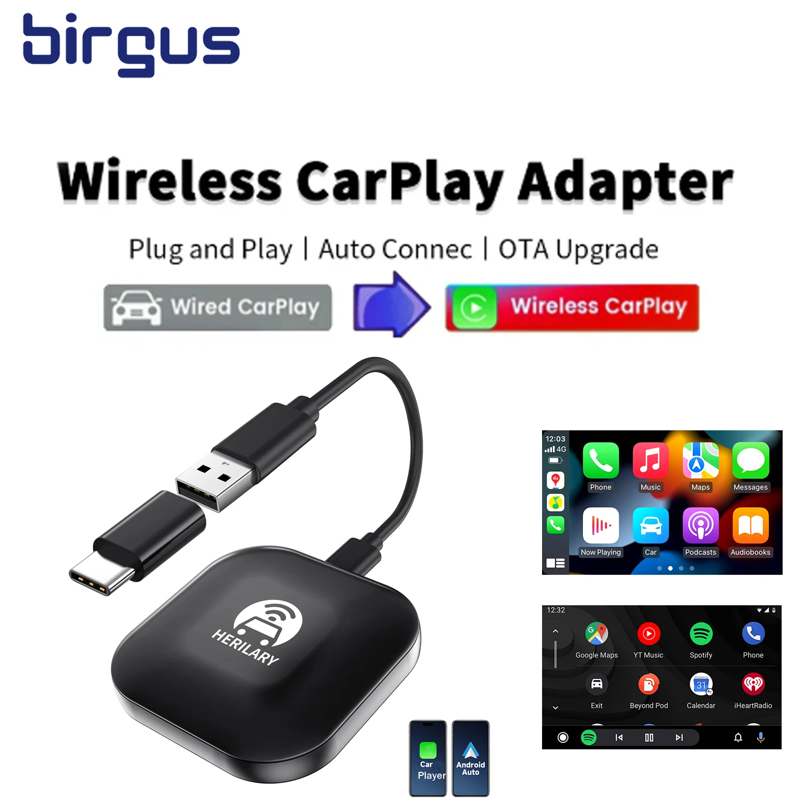 

New Birgus C1-AA Wireless Android Adapter Car Encryptor for Android Car AI Box Car Multimedia Player Bluetooth Auto Connect