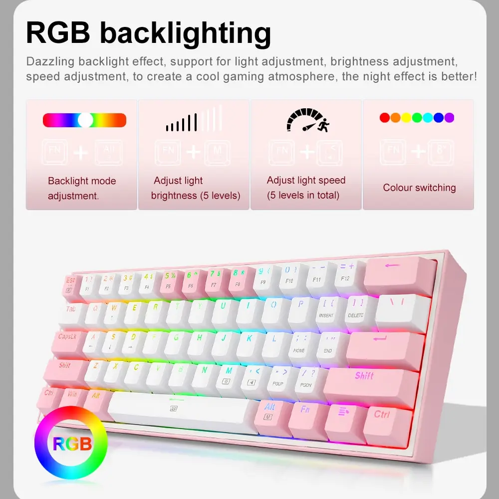 Koleksi AliExpress REDRAGON Fizz K617 RGB USB, Gaming mekanik Mini, Keyboard kabel saklar merah 61 kunci Gamer untuk komputer PC