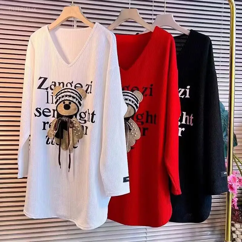 Long Woman T Shirts V-neck Bear Diamond Oversized T-shirts Korean Camisetas 2025 Ropa Mujer Casual Fashion Tshirt Cute Y2k Tops