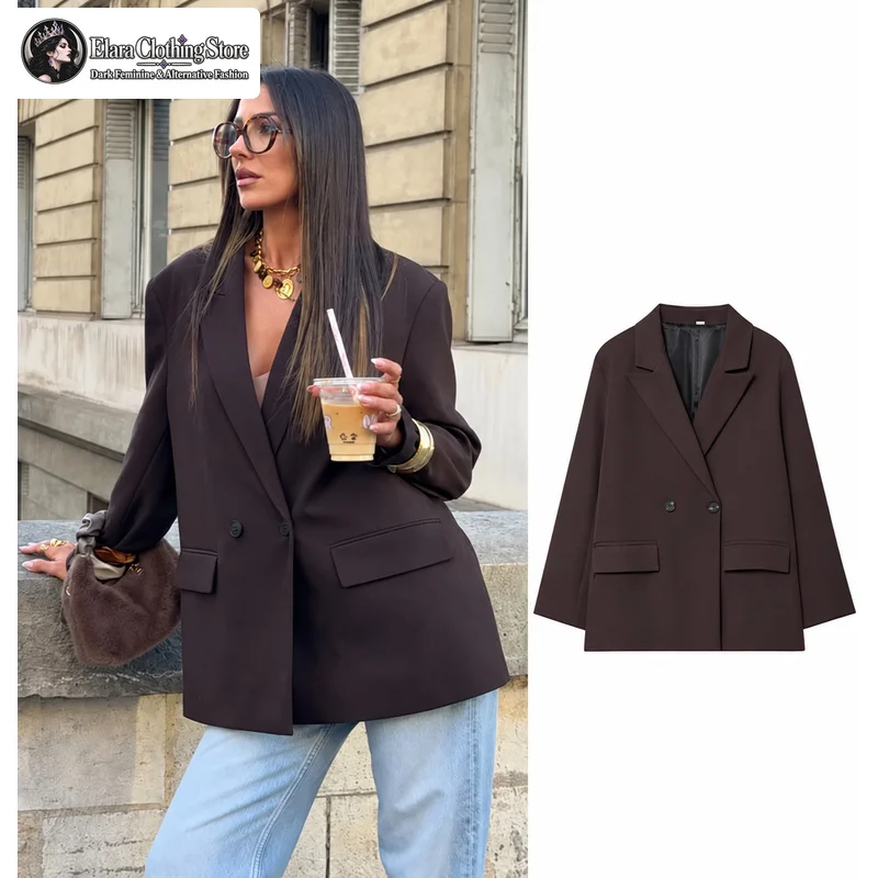 Elara New European and American Style Double Breasted Women's Suit Jacket Y2k Style Retro Elegant Commuting Drape Top Jacket