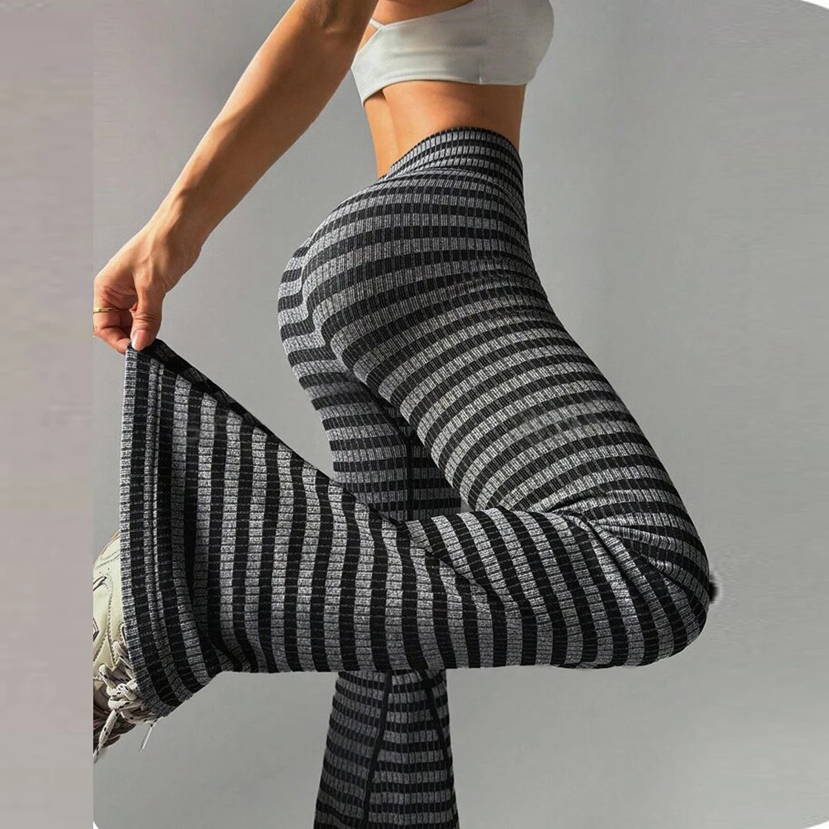 Women High Waist Ribbed Striped Bootcut Leggings Elastic Flared Pants Casual Daily Fitness Yoga Trousers