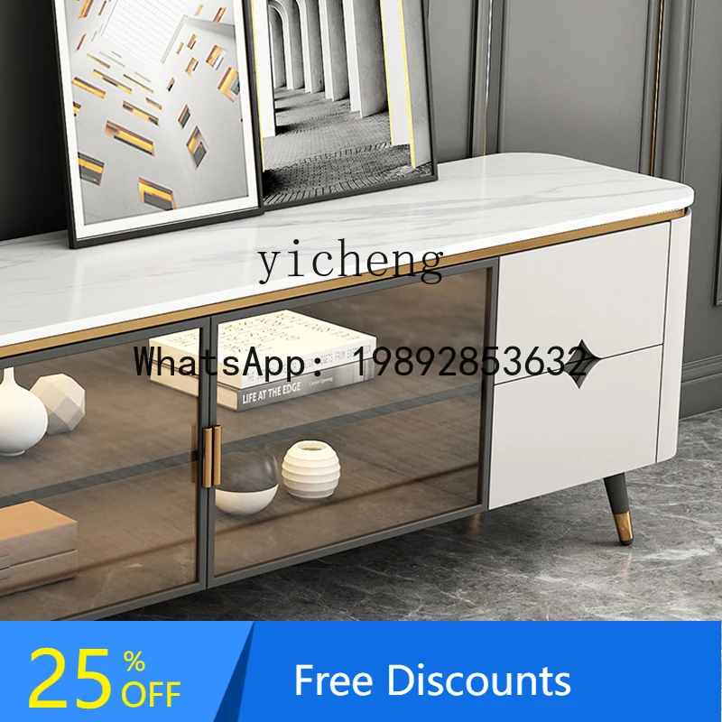 

TT light luxury rock panel TV cabinet living room with lamp tempered glass cabinet door floor cabinet storage