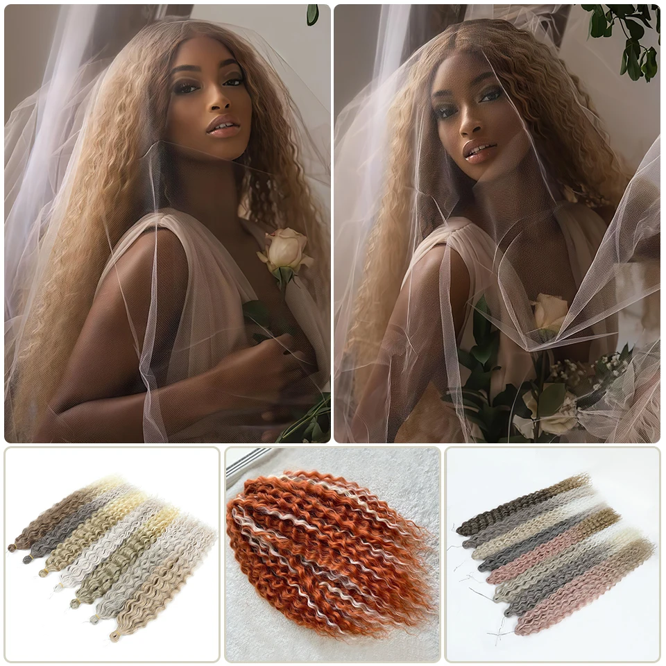 Ariel-Extensions capillaires synthétiques ondulées, 22 pouces, tresses au crochet, ombrées, blondes, roses