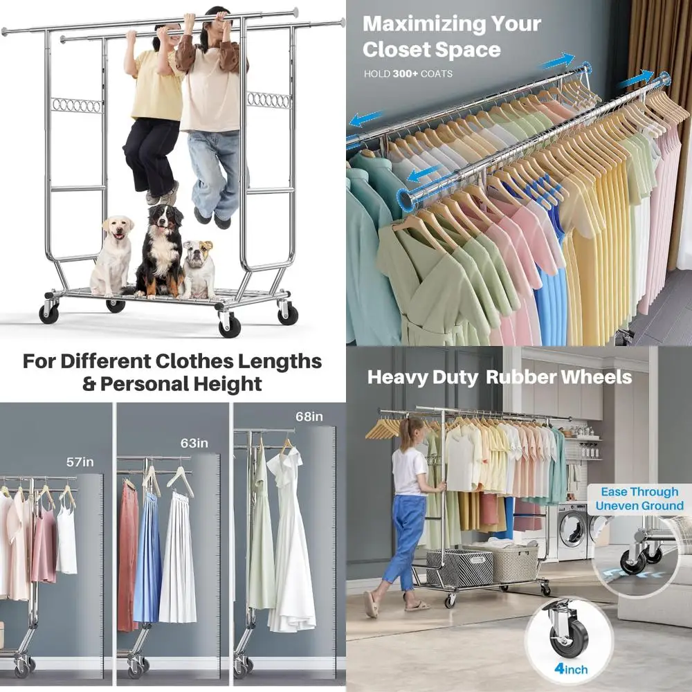 

Сверхмощная складная вешалка для одежды с колесами, вмещает 650 фунтов, двойной стержень для подвешивания одежды, портативное решение для хранения