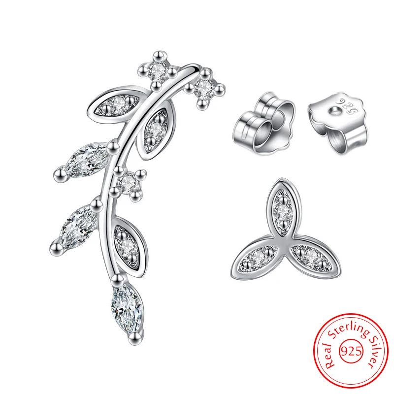 

925 Sterling Silver Jewelry Fashion Leaf Crystal Zircon Stud Earrings For Women New XY0254