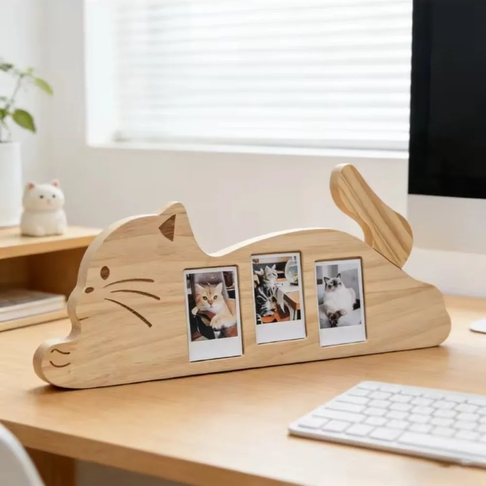 3 Grids 2 Inch Cat Shape Photo Frame Rotatable Tail Adjustable Angle Pet Photo Album Decorative Handcrafted