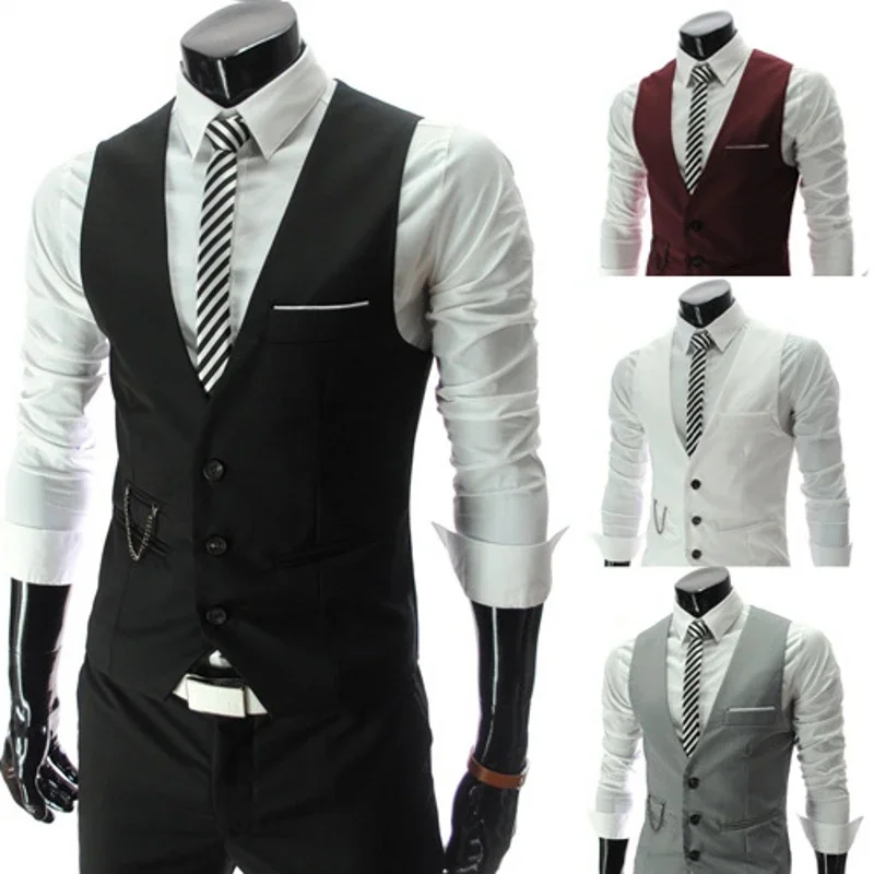 2023 Men\'s Slim Fit Suit Vest Solid Color Casual Sleeveless Vintage Vest Fashion Man Black Gray Formal Businss Waistcoat Homme