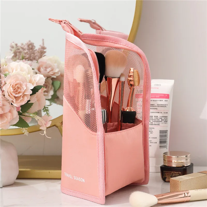 Makeup Brush Case Makeup Brush Holder Travel Waterproof Cosmetic Bag Stand-up Foldable Makeup Cup with Zipper (Black + Pink)