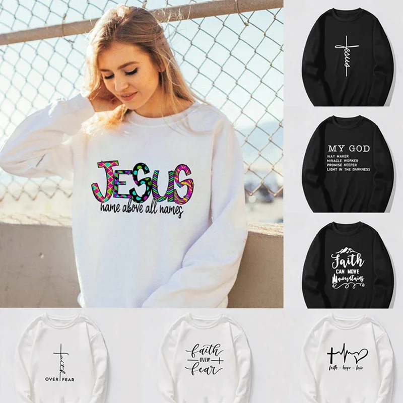 

2024 Women Jesus Print Sweatshirt Faith Over Fear Streetwear Autumn Winter O-neck Pullovers Harajuku Female Hoodie Tops Clothing