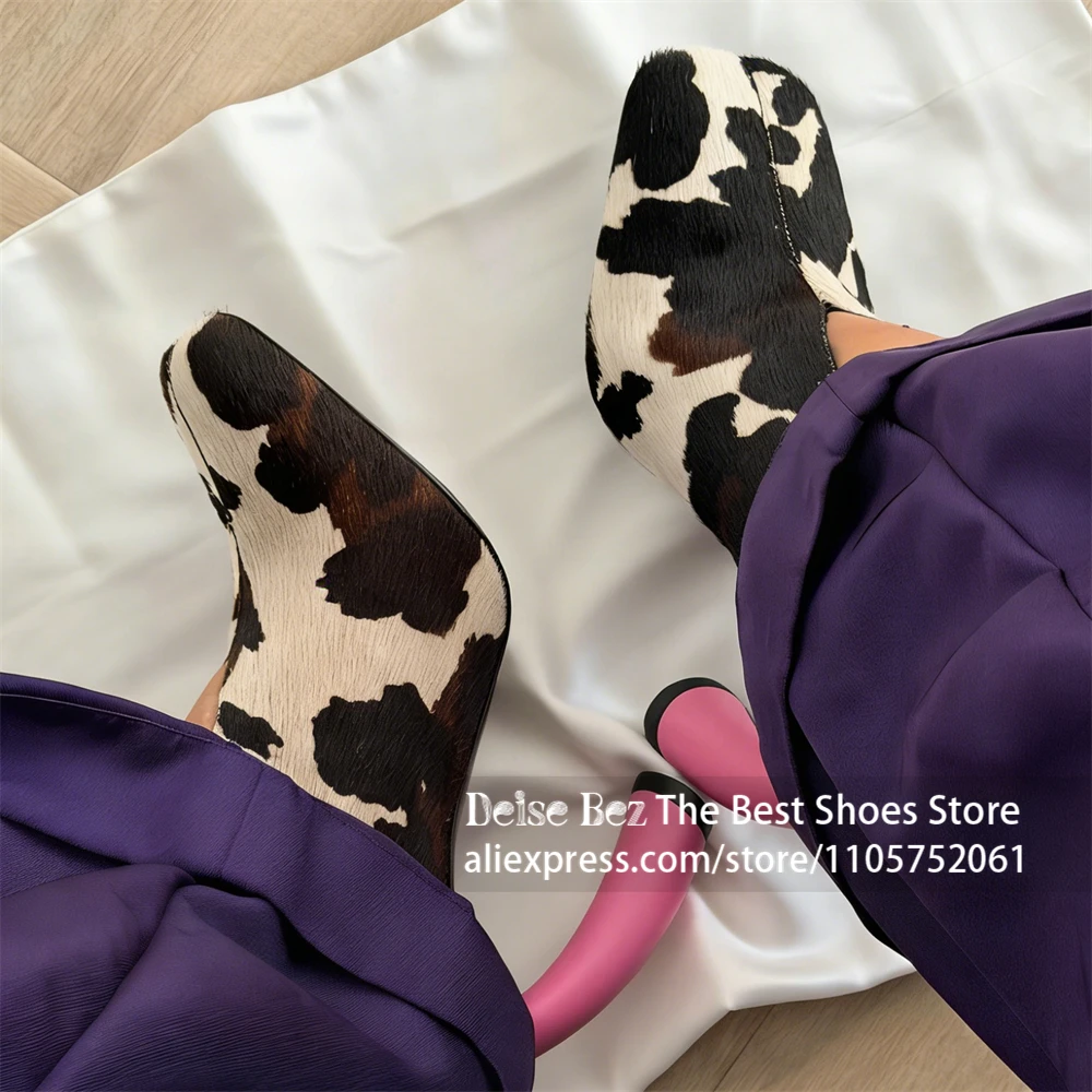 Curved Heel Faux Pony Hair Mules Designer Curved Heel Slip on Dress Shoes Unique Bright Curved Sculptural Heel Shoes for Women