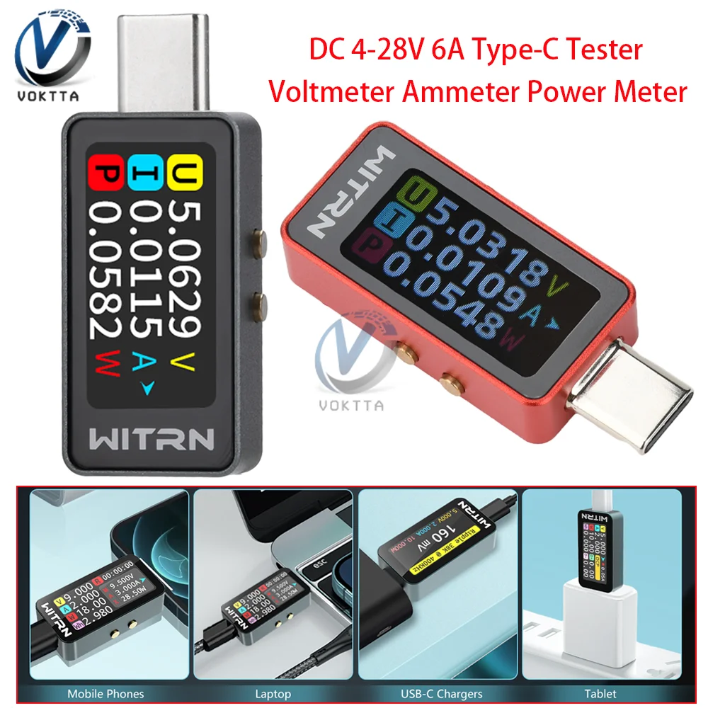 

DC 4-28V 6A Type-C Tester 0.96inch IPS Voltmeter Ammeter Power Meter Battery Charging Tester Bidirectional Current Measurement