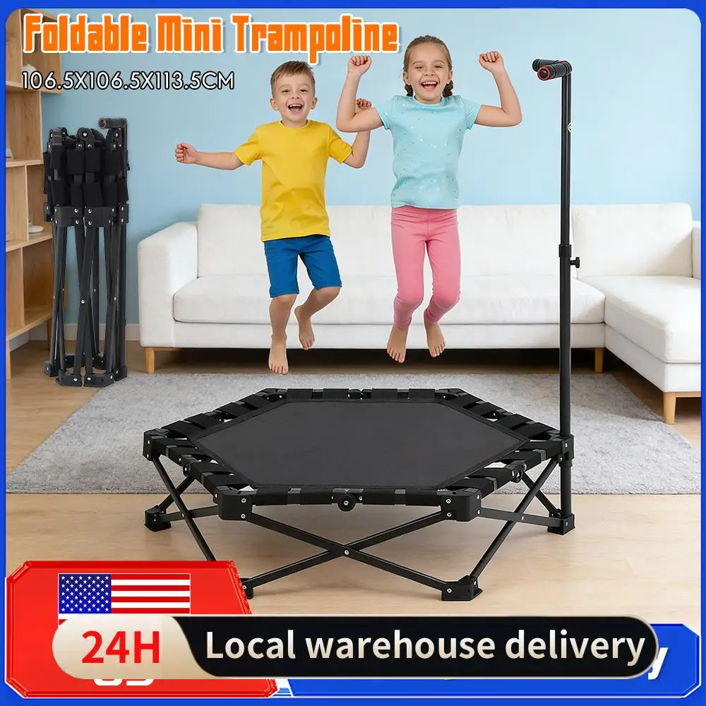 

42in Foldable Mini Trampoline 450lbs Max Load Adjustable T-Bar Handle Rebounder Trampoline for Indoor Outdoor Home Gym Fitness ﻿