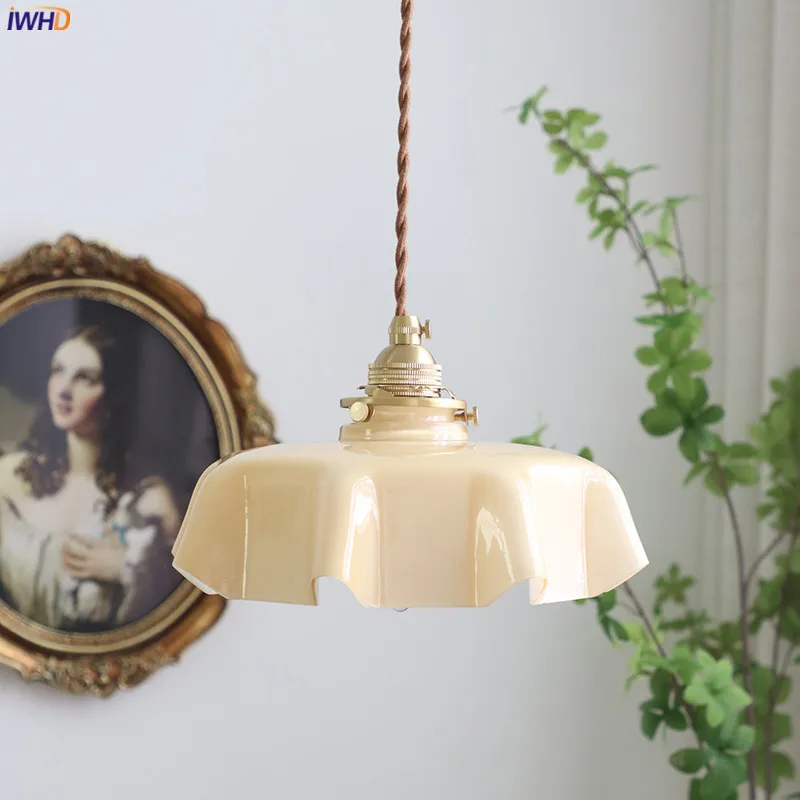 

IWHD Milky Yellow Glass LED Pendant Lights Fixtures For Home Indoor Lighting Bedroom Living Room Copper Nordic Hanging Lamp