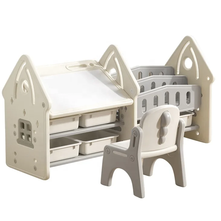 

Multifunctional Plastic Kids Toy Storage Bookshelf and Study Desk Table with Drawing Board