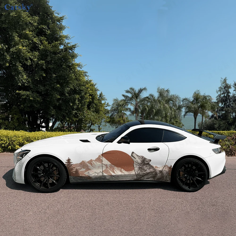2pcs.Retro Sunset Red Mountain Forest: Roaring Wolf Car Wrap Sticker.Automotive Sticker.car vinyl wraps