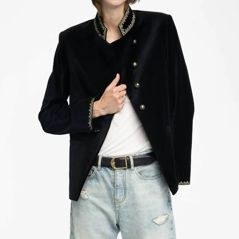 

Black Velvet Suit Women Embroidered Collar Blazers Casual Asymmetrical Button Tops Female Suits Fitted Waist Blazer