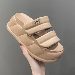 7CM Heels Chunky Sandals Women Slip On High Platform Beach Slippers Woman Summer Thick Bottom Leather Flip Flops Sandalias Mujer