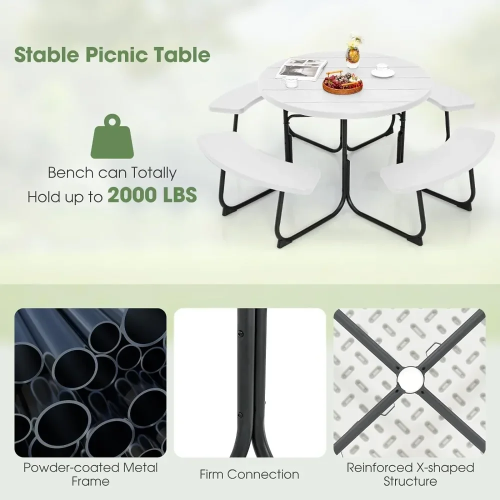 Round Outdoor Table and Bench Set with Umbrella Hole, HDPE Top & Metal Frame,Patio Table Bench Set for Deck Backyard